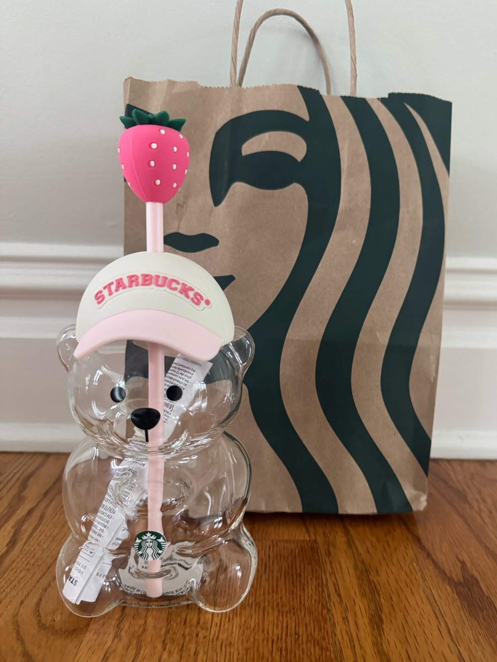Starbucks Bear Bearista Cup with Pink Straw & Strawberry Top
